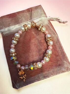 Delicate Rose Gold Pearl & Crystal Charm Bracelet in Pink and Ivory
